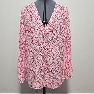Michael Kors V Neck Bell Sleeve Blouse Red White Boho Western Women's Medium